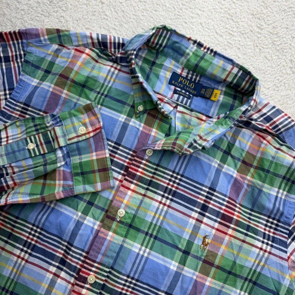 Polo Ralph Lauren Mens XXL Classic Fit Plaid Button Down Shirt Blue Green Multi